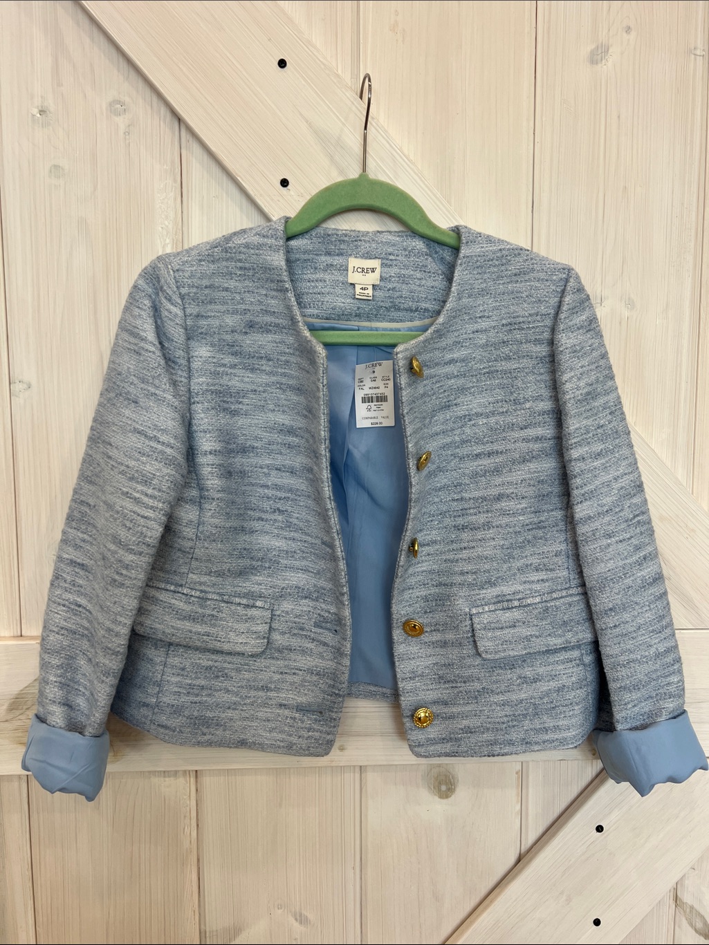 J. Crew Blue Tweed Collarless Jacket With Gold Buttons